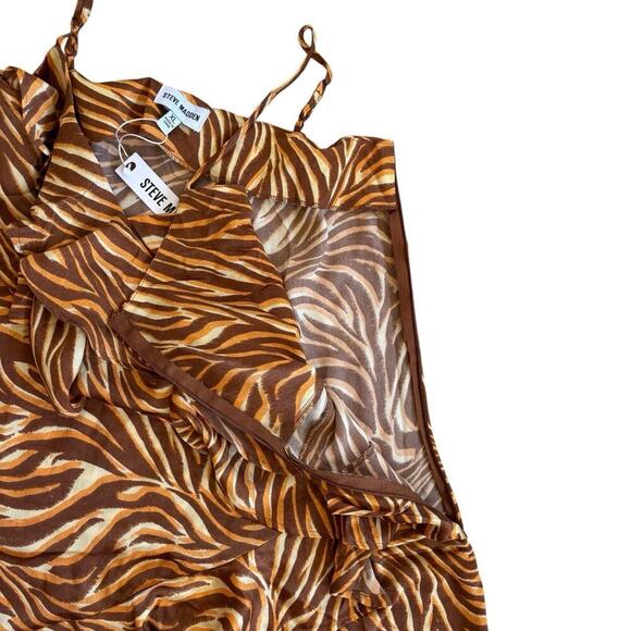 Steve Madden Christina Brown Zebra Satin RUFFLE Handkerchief Slip Dress XL NWT - Picture 6 of 9